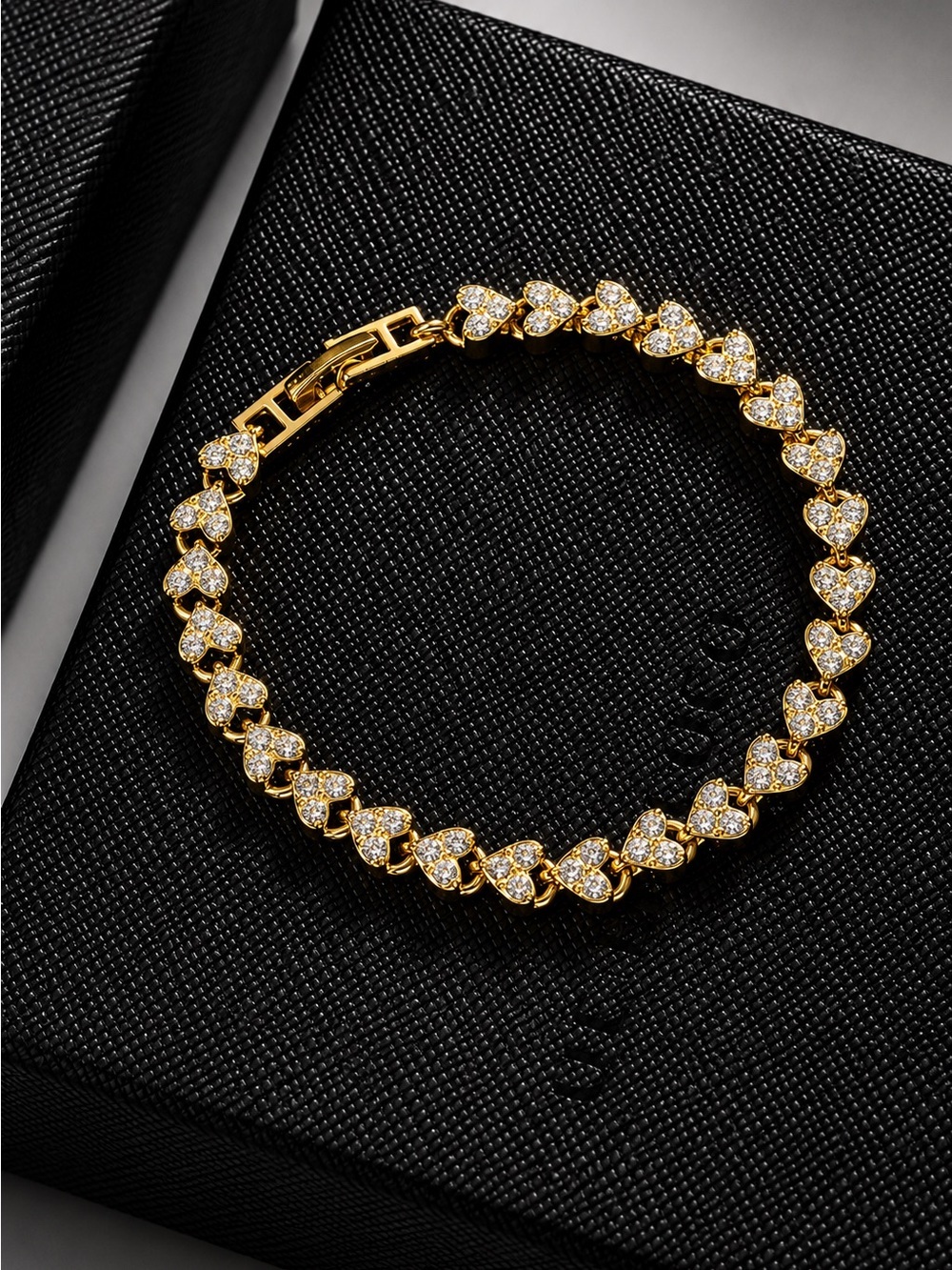 Gold color Heart Link Bracelet with Clear Stones - Picture 3 of 4